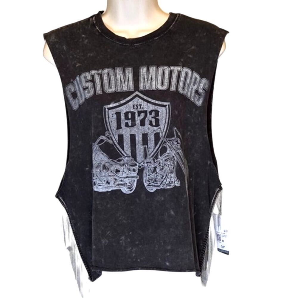 Silver Ball Chain Fringed Sleeveless Rock Biker Boho Cropped T Shirt sz.M